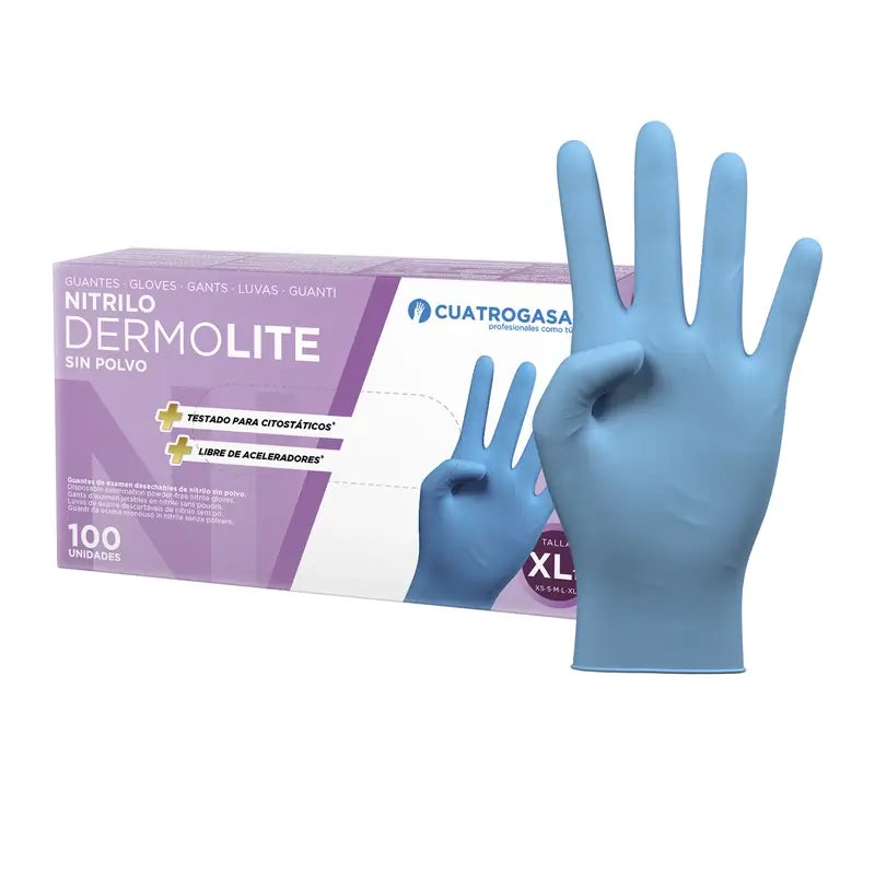 Cuatrogasa Dermolite Powder Free Nitrile Gloves Blue Size Xl, 100 Units