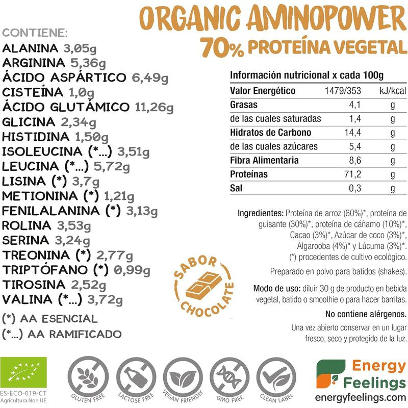 Energy Feelings Organic Aminopower 70% Chocolate 500Gr. Eco Vegan