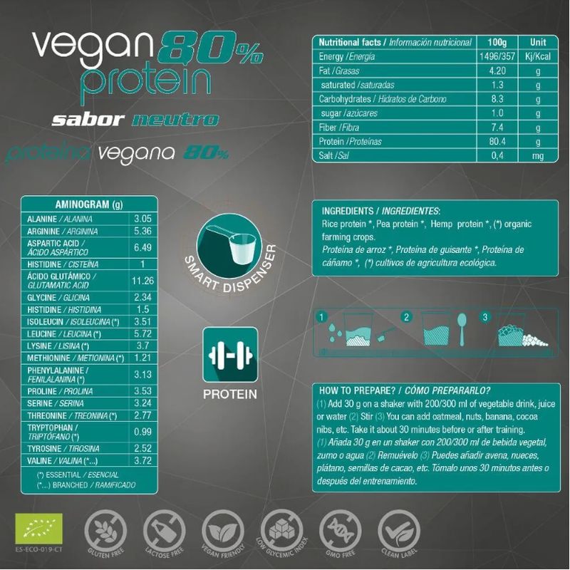 Energy Feelings Vegan Protein 80% Neutral 1Kg. Eco Vegan Sg