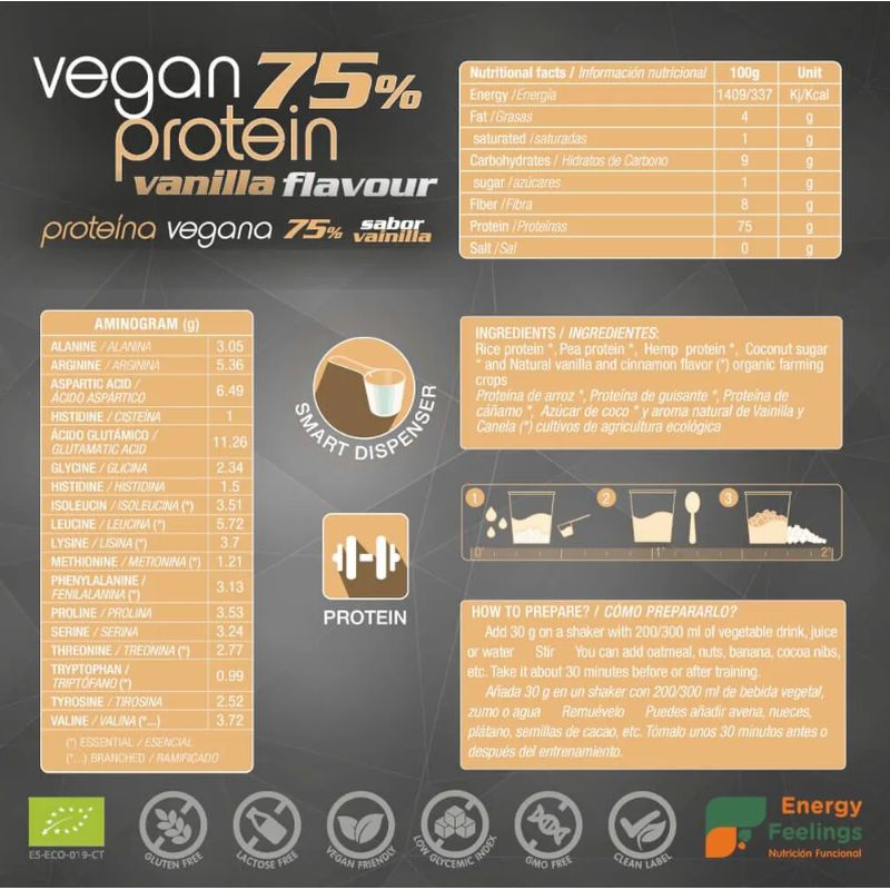 Energy Feelings Vegan Protein 77% Vanilla 1,5Kg. Eco Vegan Sg