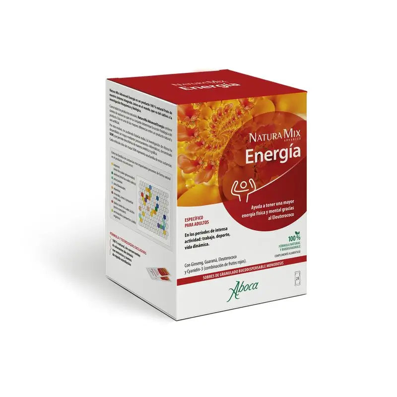 Aboca Natura Mix Advanced Energy Physical And Mental Energy, With Gynseng, Guarana, Eleutherococcus And Cyanidin -3, 28 sachets