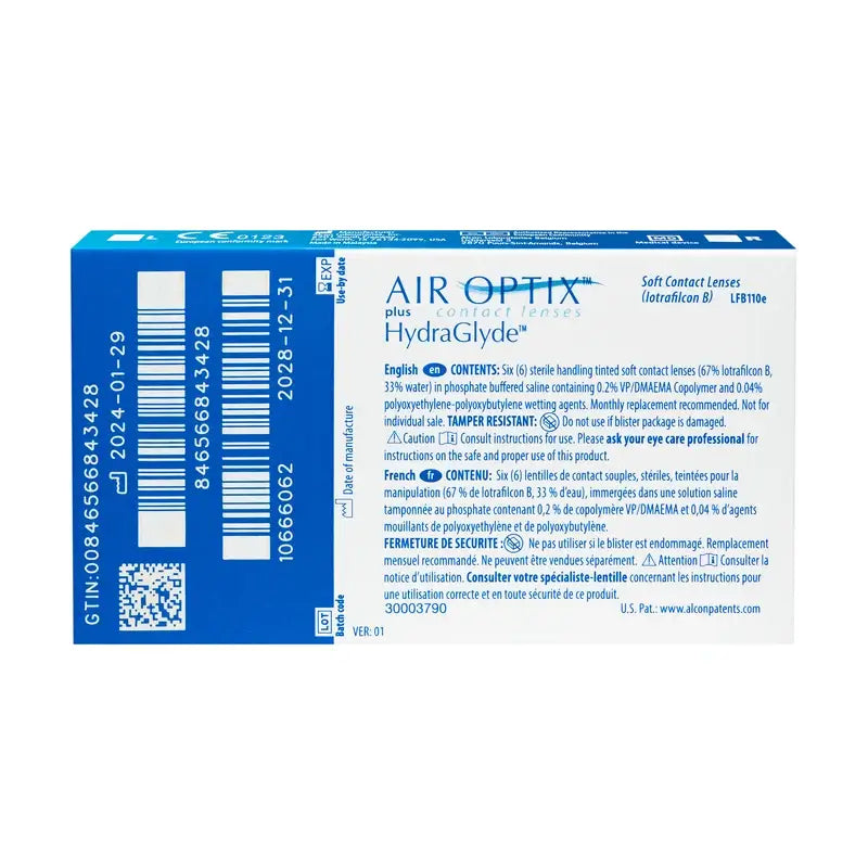 Air Optix Plus Hydraglade Monthly Spherical Contact Lenses, 6 units