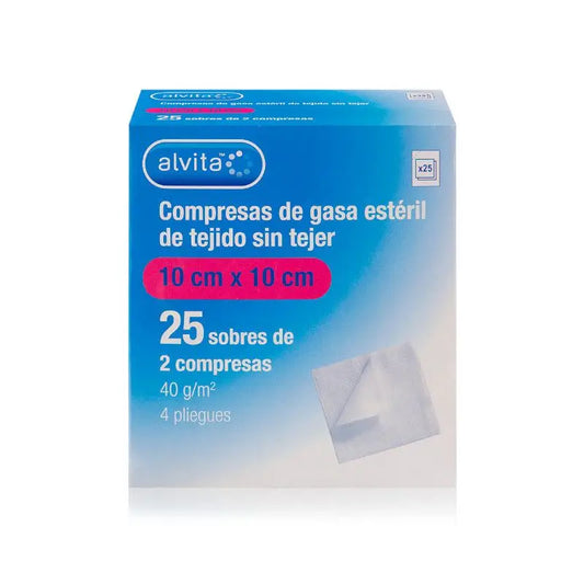 Alvita Compresas De Gasa Estéril De Tejido Sin Tejer 10 Cm X 20 Cm, 25 sobres de 2 compresas