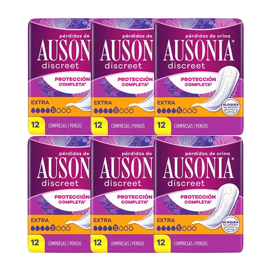 Ausonia Pack Discreet Urine Loss Pads For Women Extra, 6 x 12 Units