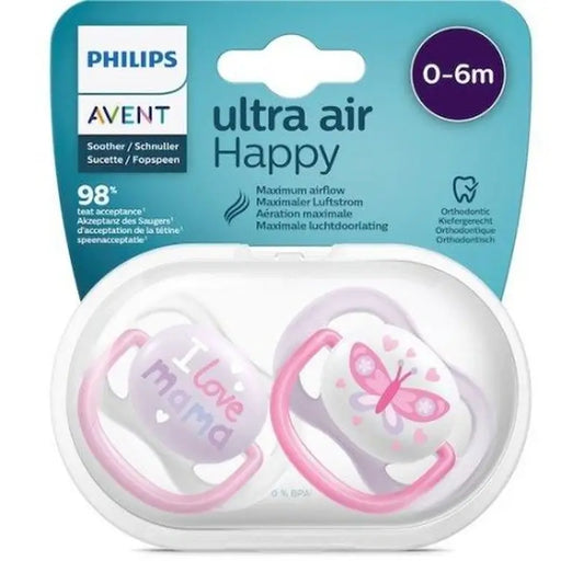 Avent 2 Pacifiers Ultra Air Collection Happy 0-6 Months Silicone Baby Girl