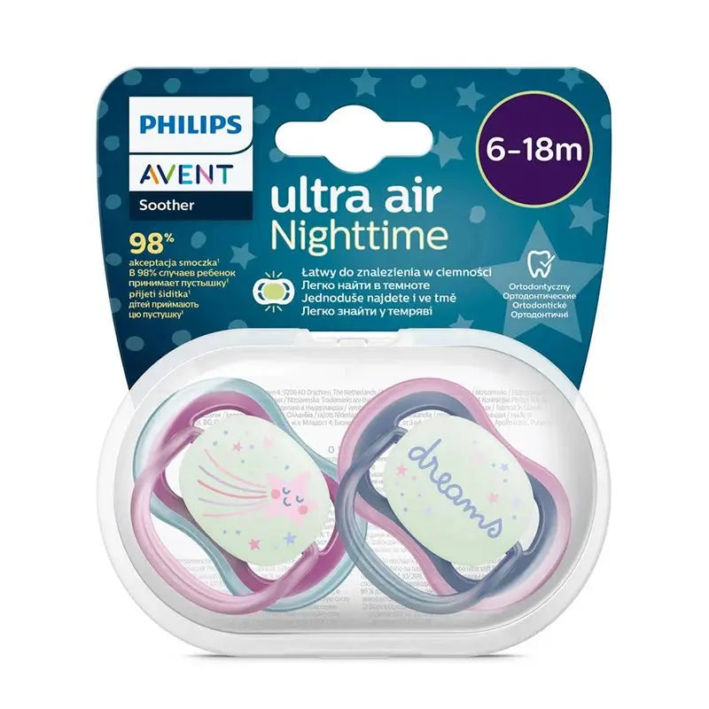 Avent Chupetes Ultra Air 6-18 Meses Niña - Nocturno , 2 unidades