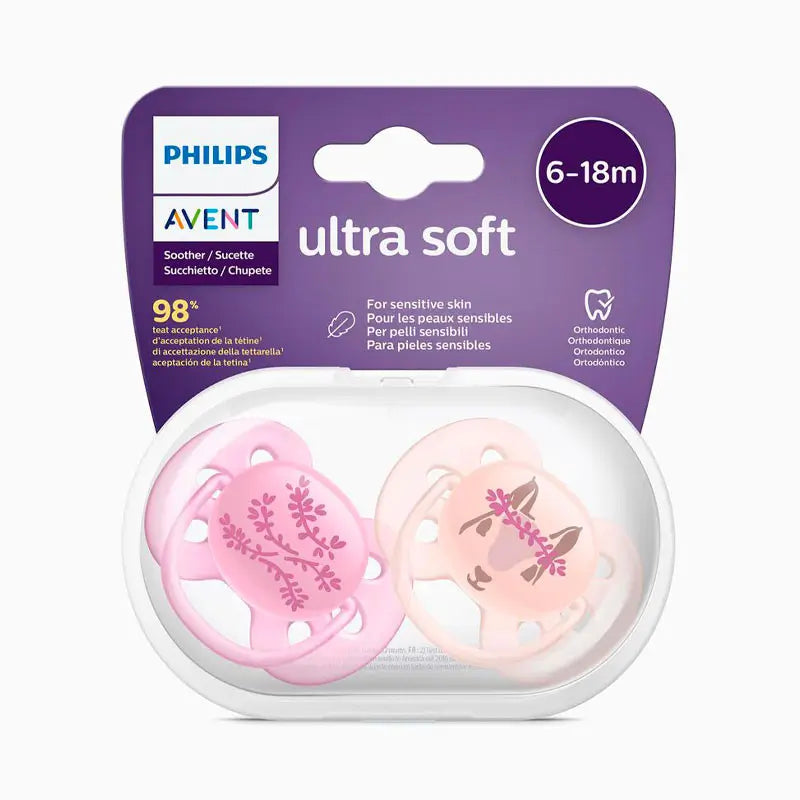 Avent Pack 2 Chupetes Ultra Soft Decorados 6-18 Meses Silicona Niña