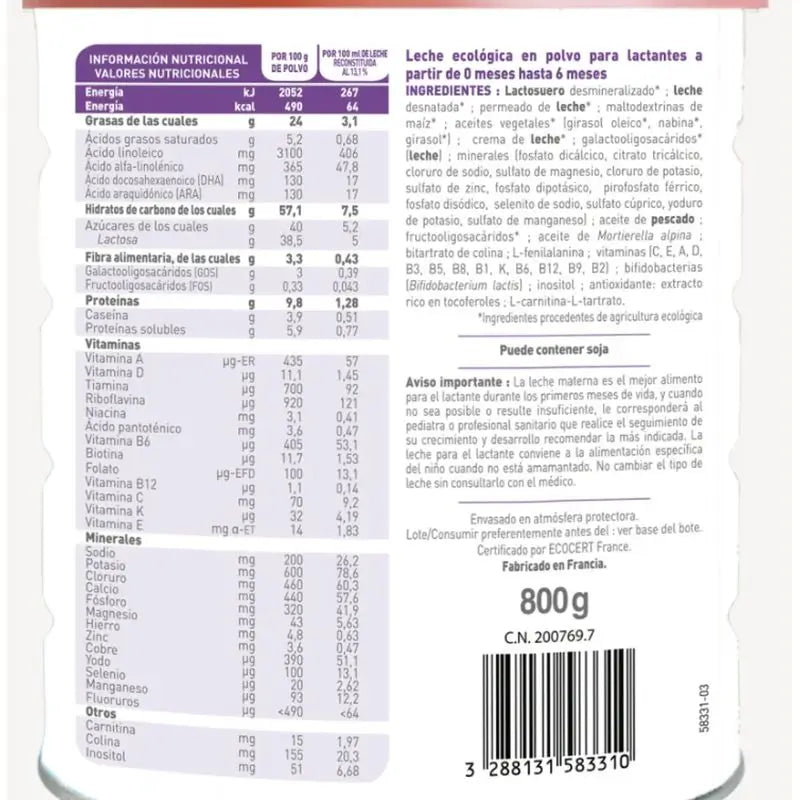 Babybio Pack Optima 1 Cow's Milk 0-6 Months, 12 x 800 grams