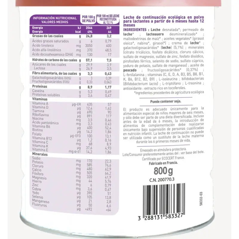 Babybio Pack Optima 2 Cow's Milk +6 Months, 12 x 800 grams