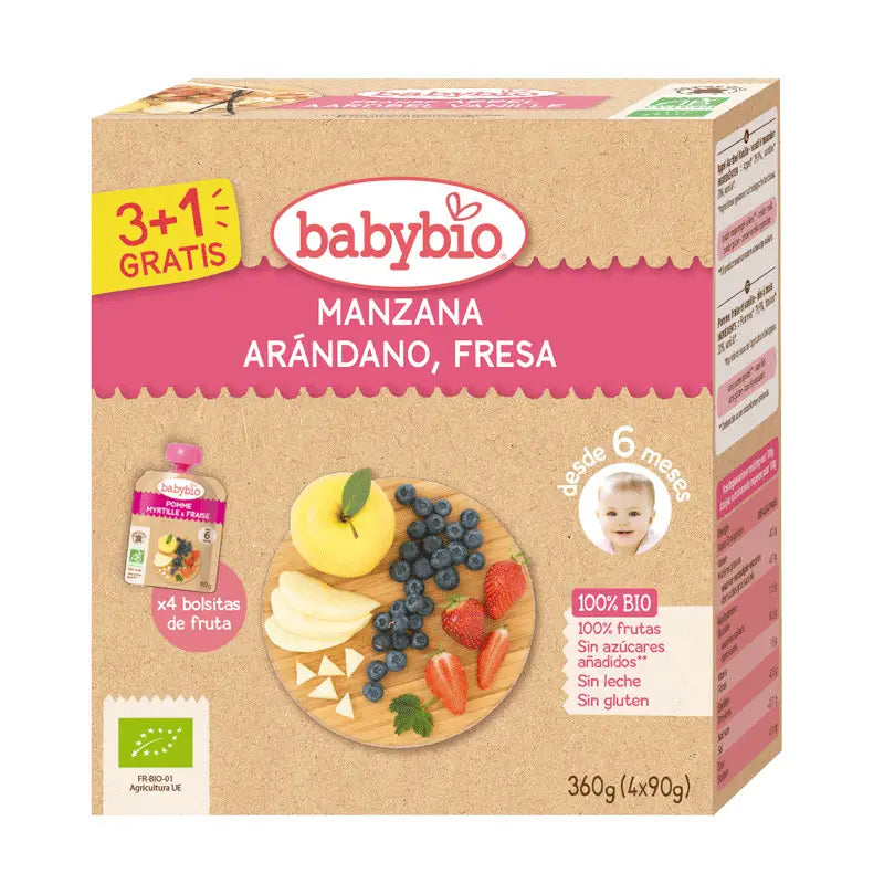 Babybio Pouche Manzana Arandanos Fresa Bio, 4X90 gr