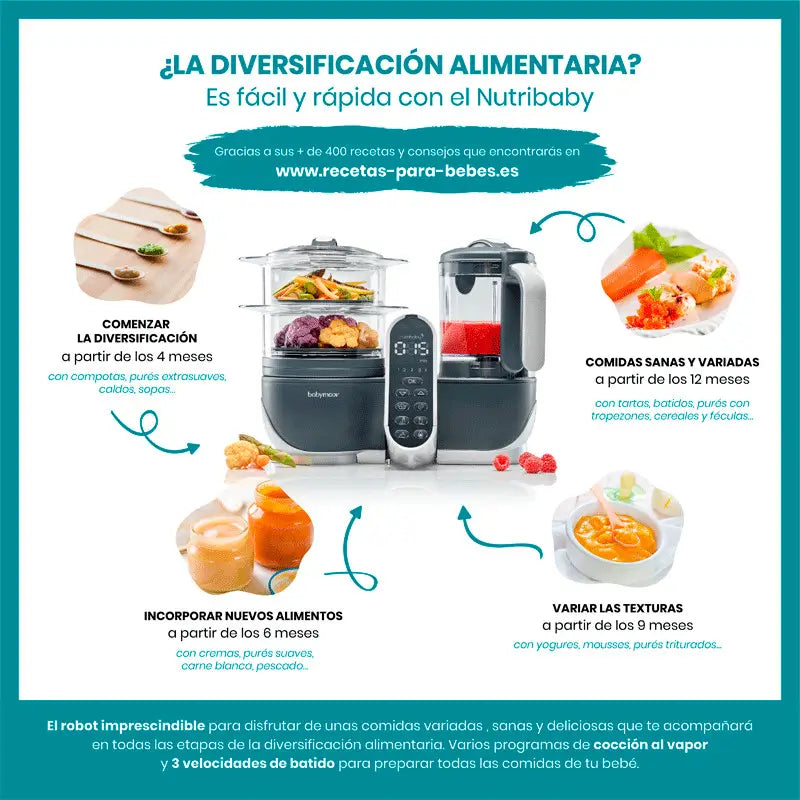 Babymoov Robot Culinario Batidora y Vaporera Nutribaby (+) Gris Industrial