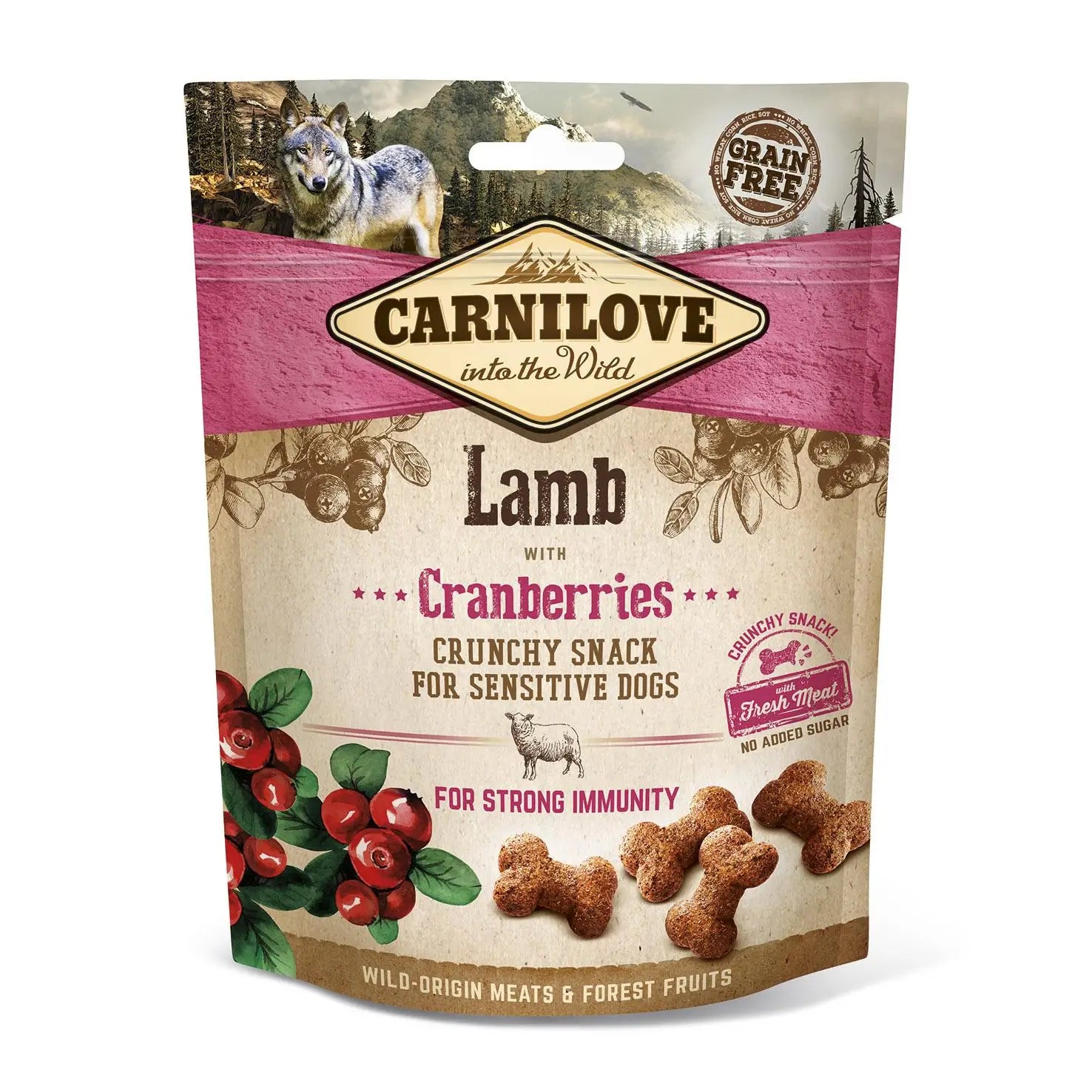 Carnilove Canine Crunchy Snack Cordero Arandanos Caja 6X200Gr, snack para perros