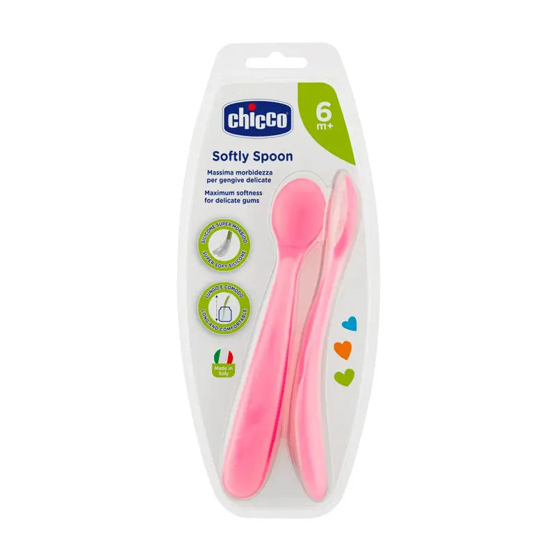 Chicco - Cuchara Blanda de Silicona Rosa +6 Meses, 2 unidades