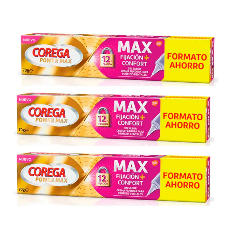 Corega Triplo Max Fixation + Comfort Fixing Cream for Dentures, 3 x 70 gr