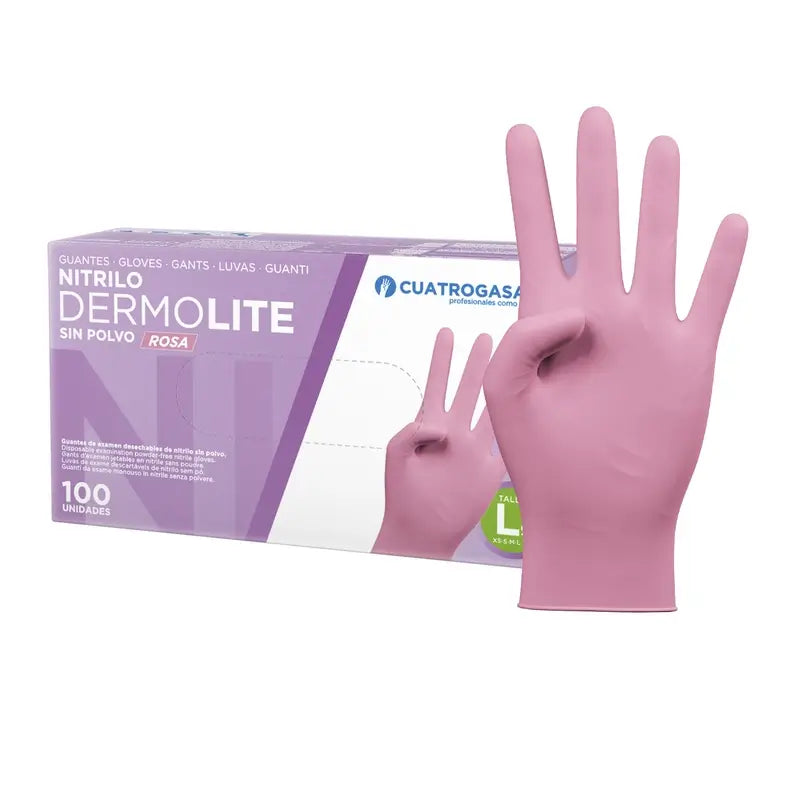 Cuatrogasa Dermolite Powder Free Nitrile Gloves Pink Size L, 100 Units