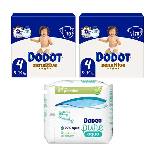 Dodot Pack 2X Sensitive Size 4 For Baby 9 Kg - 14 Kg 144 PCs + 6X Wipes