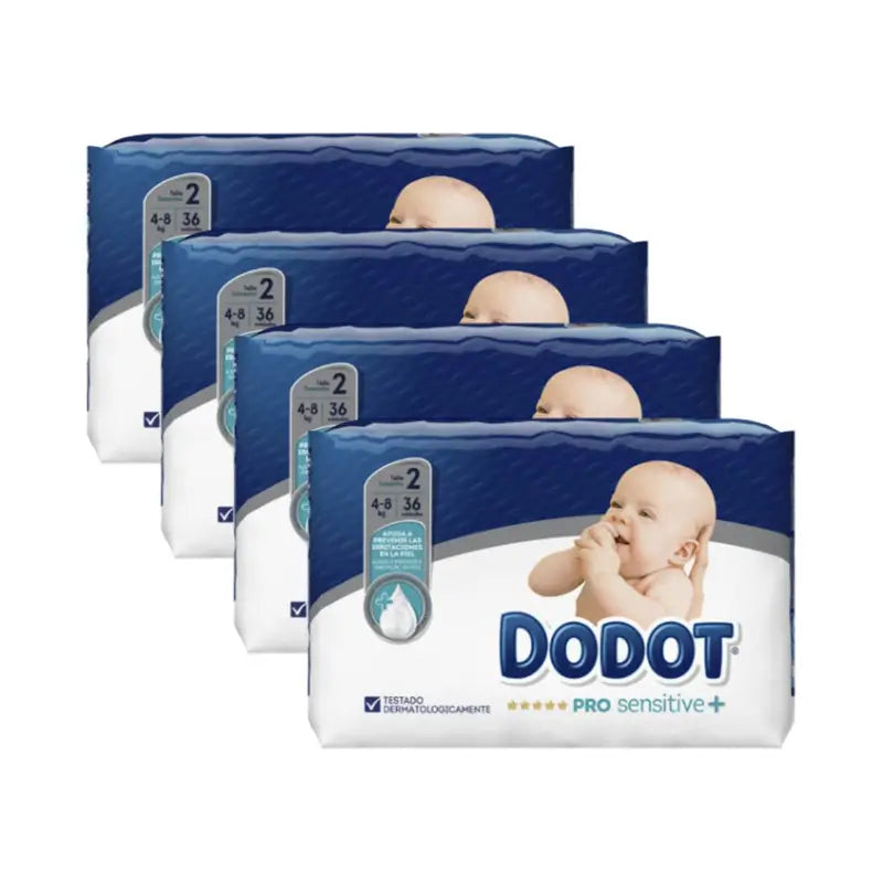 Dodot Pack 4 X Pro Sensitive Pañales Talla 2 (4-8 Kg), 144 Unidades