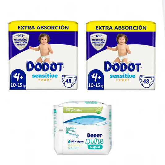 Dodot Sensitive Extra-Jumbo Pack Talla 4, 2 x 48 uds + Toallitas Pure Aqua Para Bebé 288 Unidades