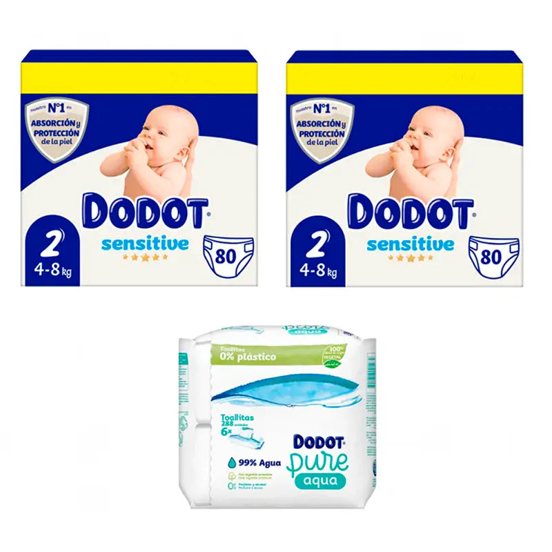 Dodot Sensitive Newborn Nappy Size 2, 2 x 80 pcs + Pure Aqua Baby Wipes 288 pcs.