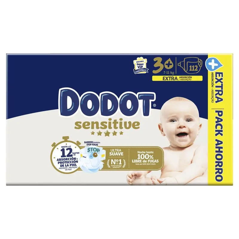 Dodot Sensitive Size 3+, For Baby, 7Kg-11Kg , 112 nappies