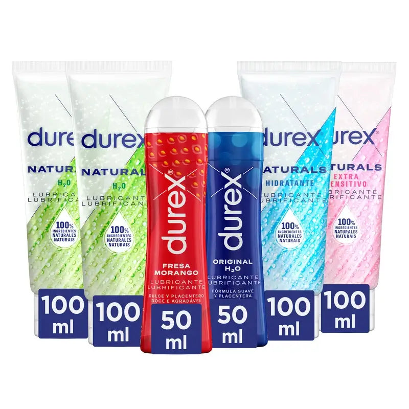 Durex Pack Lubricants Nat, 2x100Ml + Hyaluronic Acid, 100 Ml + Extra Sensitive, 100 Ml + Original, 50 Ml + Strawberry, 50 Ml