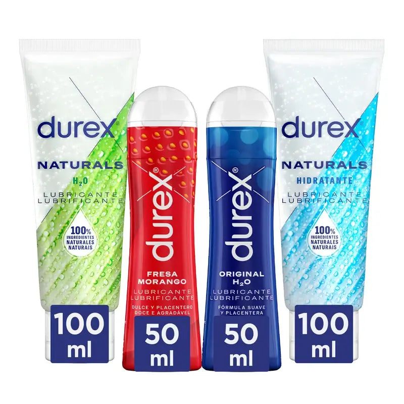 Durex Pack Lubricants Natural, 100 Ml + Original, 50 Ml + Naturals Hyaluronic Acid, 100 Ml + Strawberry, 50 Ml