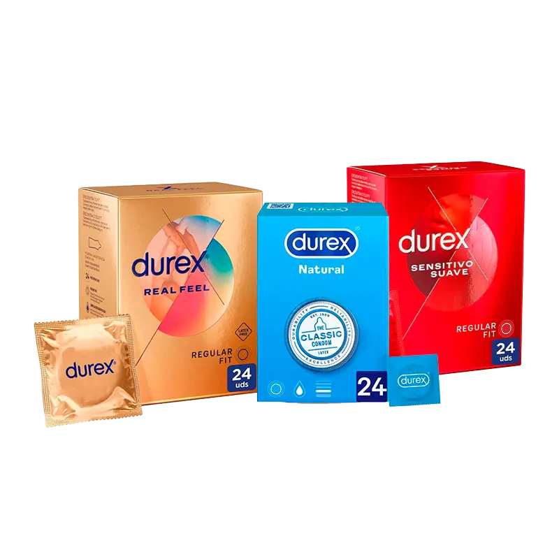 Durex Pack Preservativos Natural Plus, 24 Unidades + Sensitivo Suave, 12 Unidades + Real Feel, 24 Unidades