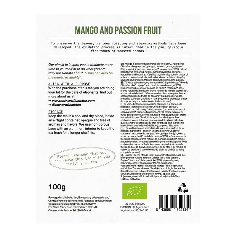 Edward Fields Tea Organic Green Tea in Bulk with Mango and Passion Fruit 50 Cups , 100 grams