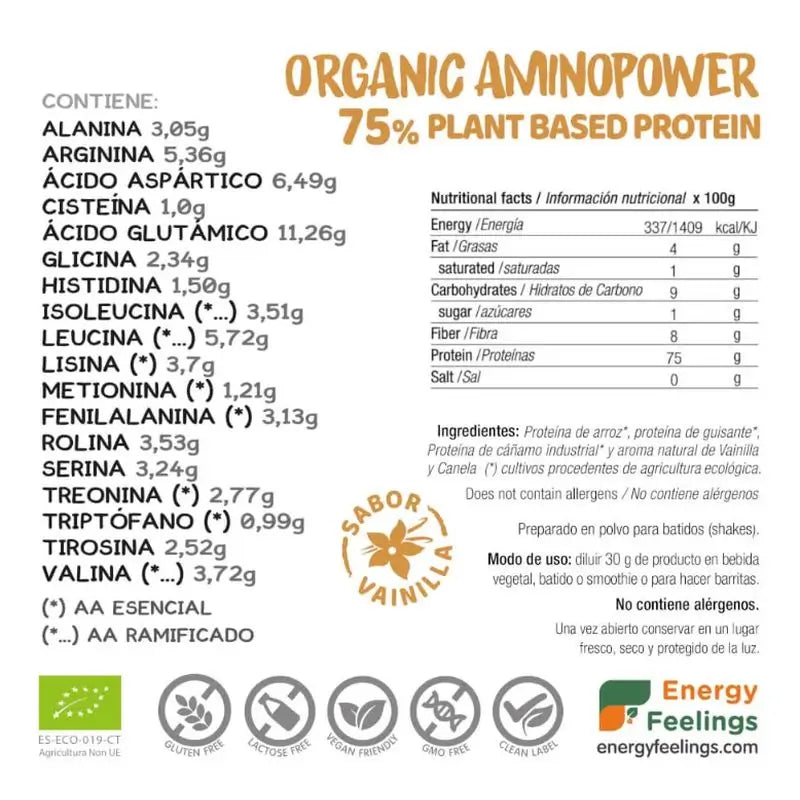 Energy Feelings Organic Aminopower 77% Vanilla 500Gr Eco Vegan Sg