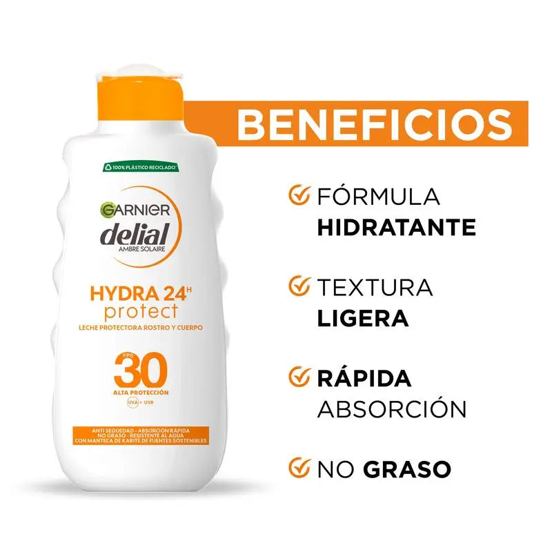 Garnier Delial Hydra 24H Protect Protective Milk Face & Body High Protection Spf 30, Soft & Moisturised Skin 200Ml