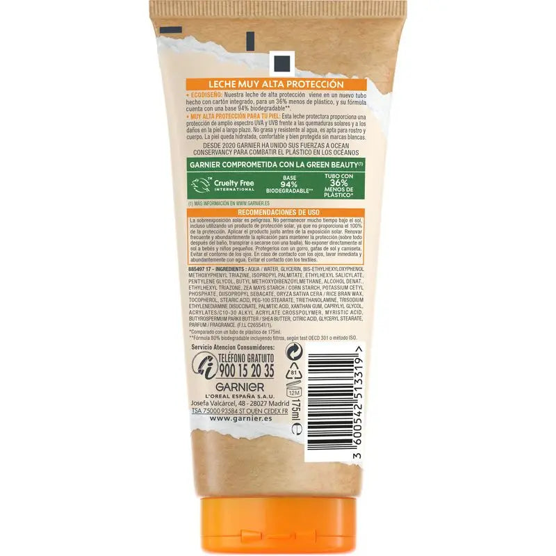 Garnier Delial Delial Protective Milk Eco Designed Spf 50. Formula 94% Biodegradable 175Ml.