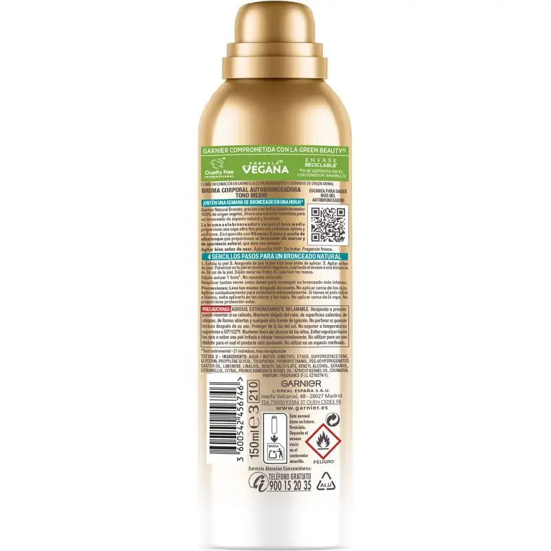 Garnier Delial Natural Bronzer Self Tanning Body Mist with Apricot Kernel Oil for a Natural Tan, 150Ml