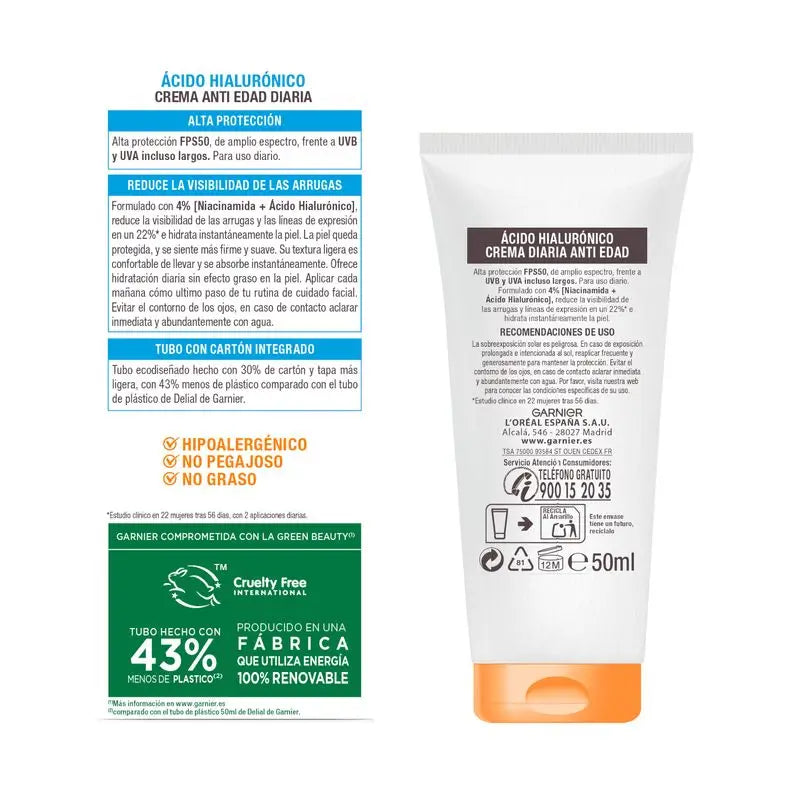 Garnier Delial Super Uv Fps50+ Daily Age Protection Cream With Hyaluronic Acid - 50Ml