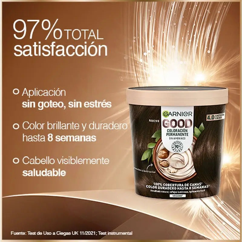 Garnier Good Permanent Colouring Ammonia Free, 90% Natural Origin Shade 4.0 Cocoa Brown.