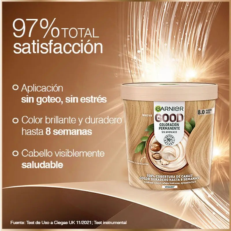 Garnier Good Permanent Colouring Ammonia Free, 90% Natural Origin Shade 8.0 Honey Blonde.