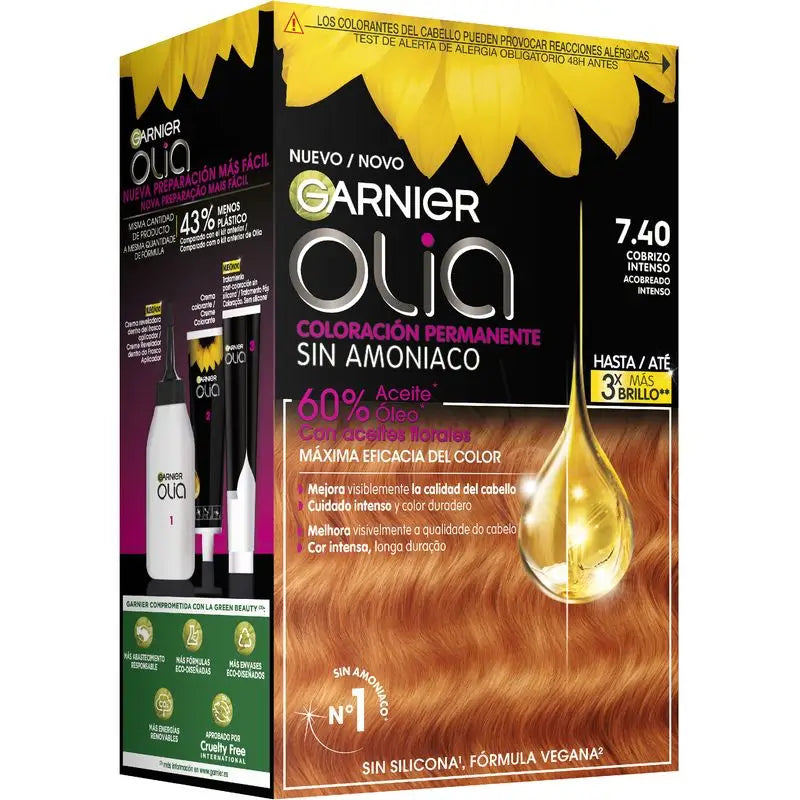 Garnier Olia Permanent Colouring Ammonia Free, Pleasant Smelling With Natural Floral Oils - Bold Intense Copper 7.40