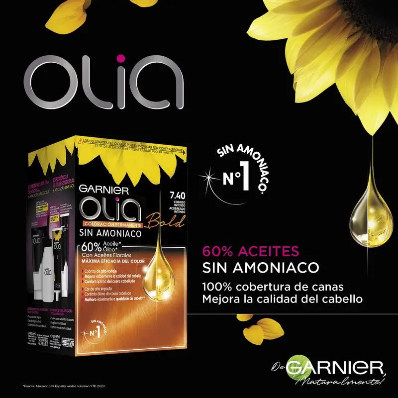 Garnier Olia Permanent Colouring Ammonia Free, Pleasant Smelling With Natural Floral Oils - Bold Intense Copper 7.40