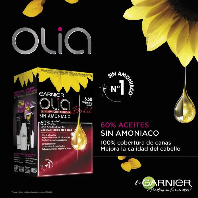 Garnier Olia Permanent Colouring Ammonia Free, Pleasant Smelling With Natural Floral Oils - Bold Deep Red 6.60