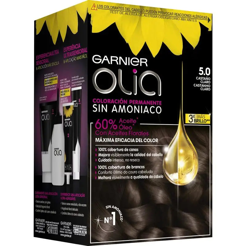 Garnier Olia Permanent Colouring Ammonia Free, Pleasant Smelling With Natural Floral Oils - Light Brown 5.0