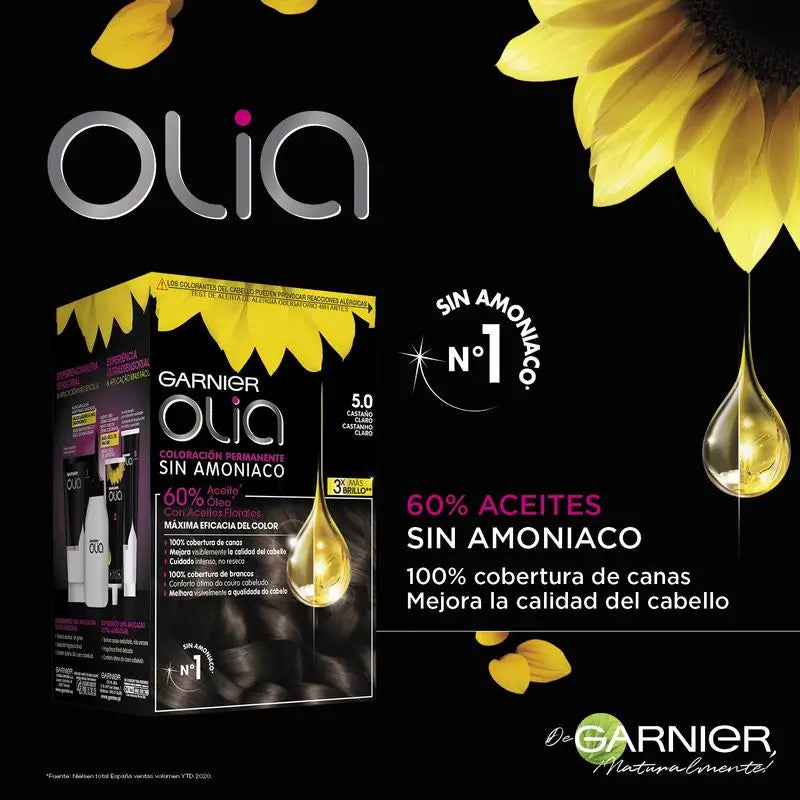 Garnier Olia Permanent Colouring Ammonia Free, Pleasant Smelling With Natural Floral Oils - Light Brown 5.0