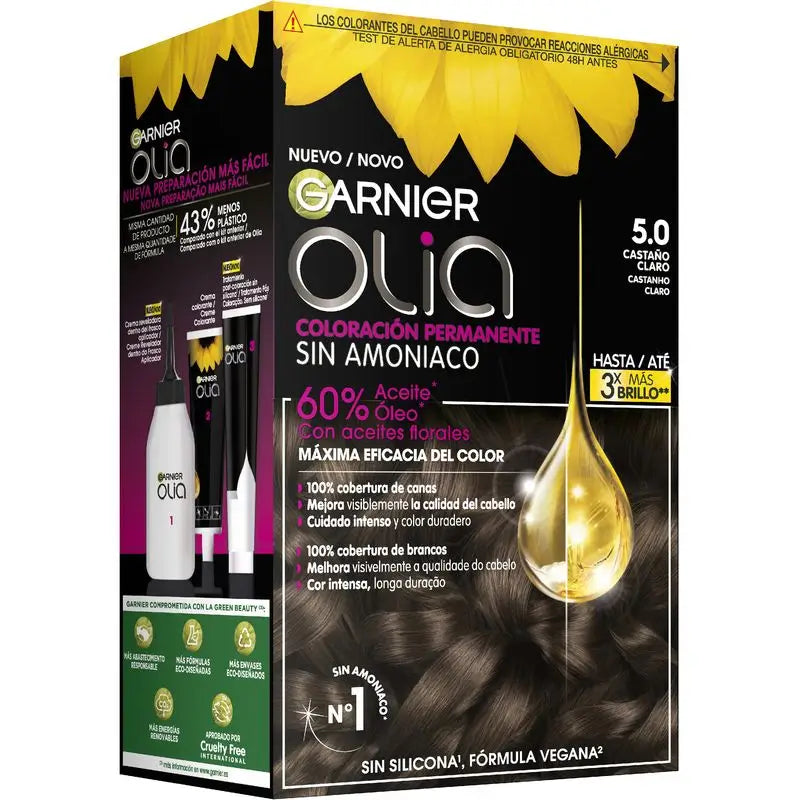 Garnier Olia Permanent Colouring Ammonia Free, Pleasant Smelling With Natural Floral Oils - Light Brown 5.0