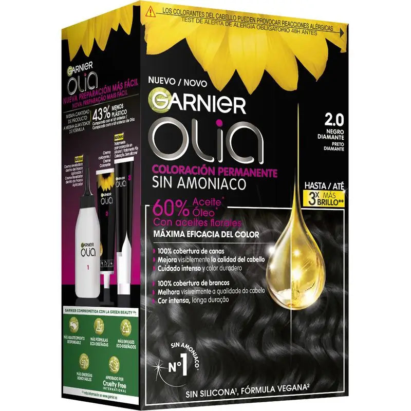 Garnier Olia Permanent Colouring Ammonia Free, Pleasant Smelling With Natural Floral Oils - Diamond Black 2.0