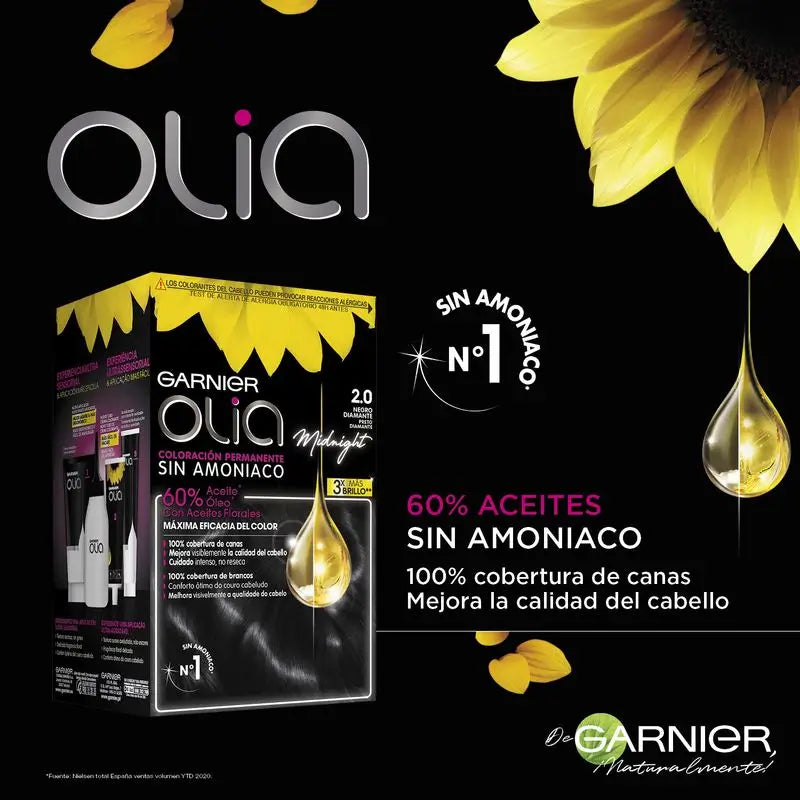 Garnier Olia Permanent Colouring Ammonia Free, Pleasant Smelling With Natural Floral Oils - Diamond Black 2.0