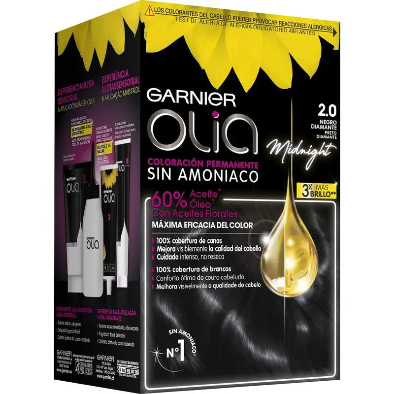 Garnier Olia Permanent Colouring Ammonia Free, Pleasant Smelling With Natural Floral Oils - Diamond Black 2.0