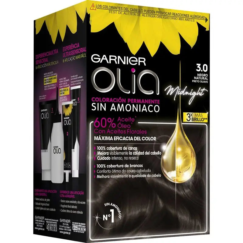 Garnier Olia Permanent Colouring Ammonia Free, Pleasant Smelling With Floral Oils Natural Origin - Natural Black 3.0