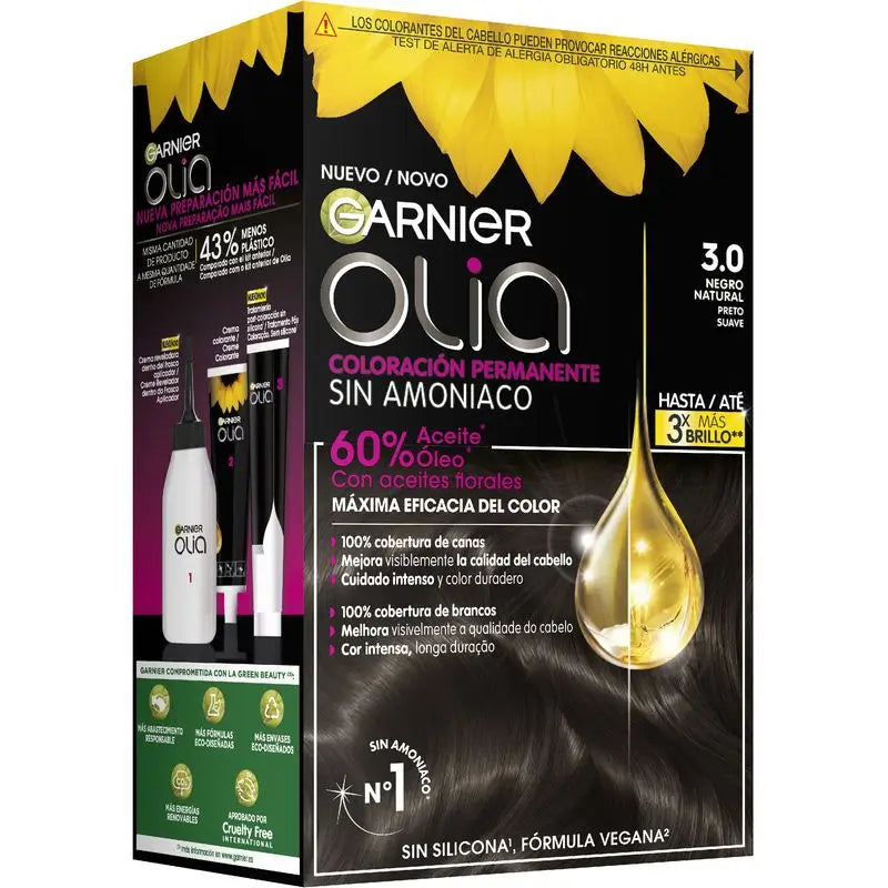 Garnier Olia Permanent Colouring Ammonia Free, Pleasant Smelling With Floral Oils Natural Origin - Natural Black 3.0