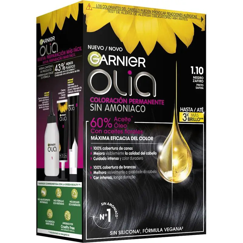 Garnier Olia Permanent Colouring Ammonia Free, Pleasant Smelling With Natural Floral Oils - Sapphire Black 1.1