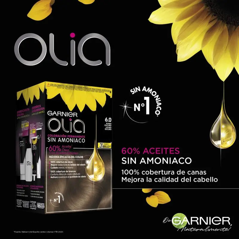 Garnier Olia Permanent Colouring Ammonia Free, Pleasant Smelling With Natural Floral Oils - Dark Blonde 6.0