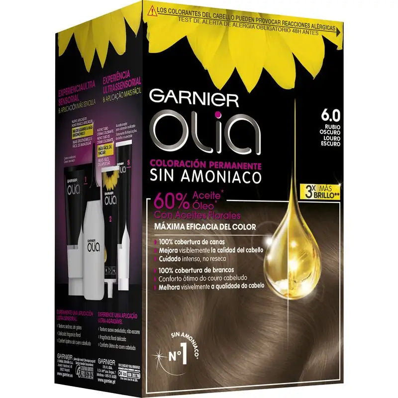 Garnier Olia Permanent Colouring Ammonia Free, Pleasant Smelling With Natural Floral Oils - Dark Blonde 6.0