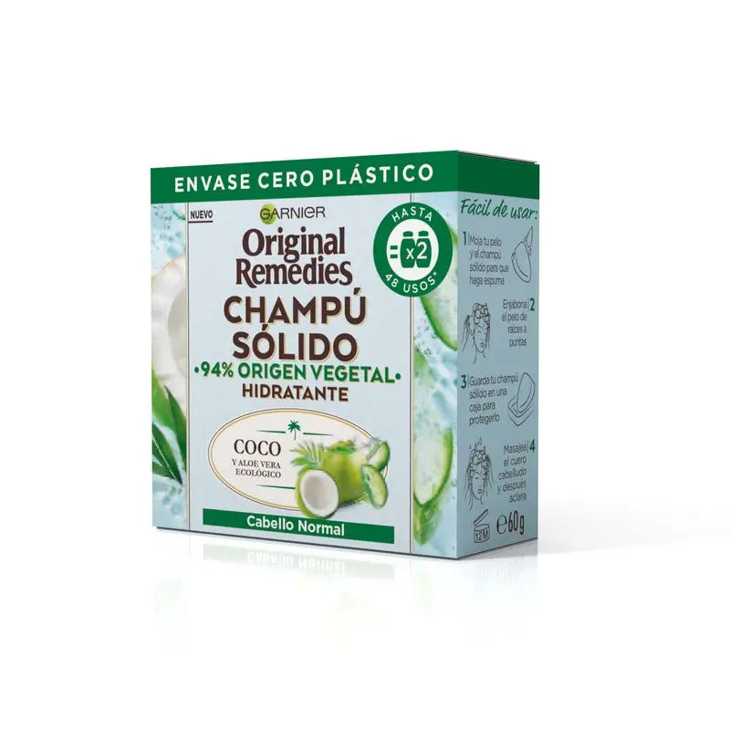 Garnier Original Remedies Solid Shampoo - Coconut & Aloe Vera Organic For Normal Hair, Greasy Roots